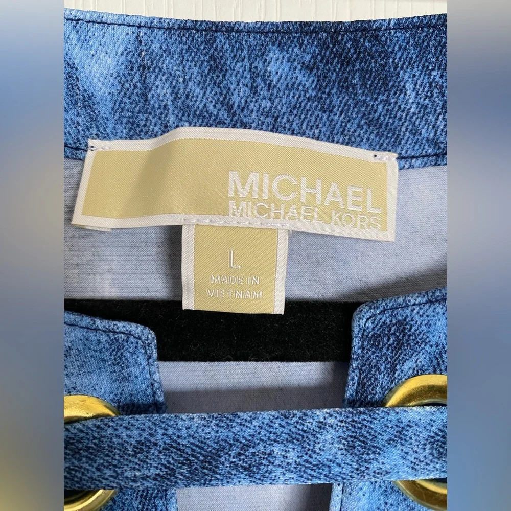 MICHAEL KORS Sleeveless Tie Dyed Denim Blue Lace Up Neck Tank Mini Dress Size L - Picture 5 of 14